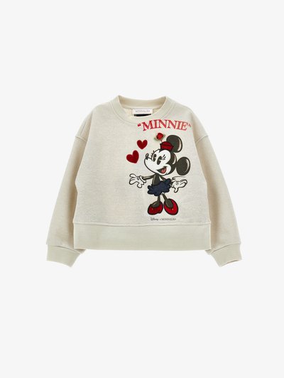 Sweatshirt bege com um decote arredondado, apresentando um design bordado da Minnie Mouse, detalhes em vermelho e uma silhueta cropped.