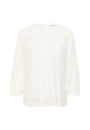 Balta blūze ar elegantiem izšuvumiem, trīs ceturtdaļu garuma piedurknēm, apaļu kakla izgriezumu un mazu atveri aizmugurē.