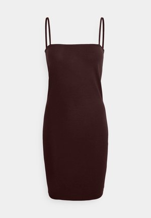 Halenkový, přiléhavý šaty z tmavě hnědé látky. Minimalistický design s tenkými ramínky a hladkou texturou. Silueta do kolen.