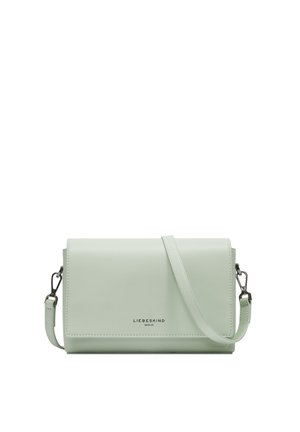Light green leather crossbody bag with a rectangular shape, magnetic flap closure, and adjustable strap. Features silver-tone hardware.