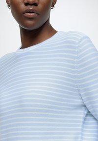 Hele sinise triibuline kampsun ümmarguse kaelusega. Kanga tekstuur on sooniline; triibud vahelduvad valgega. Omadused: lühikesed varrukad ja lõdvestunud istuvus.