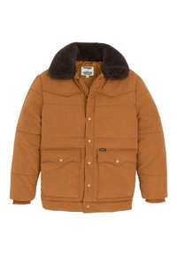 Casaco acolchoado castanho com gola de pelo falso escuro, dois bolsos no peito e fechos de pressão. Apresenta punhos canelados e um corte direito.