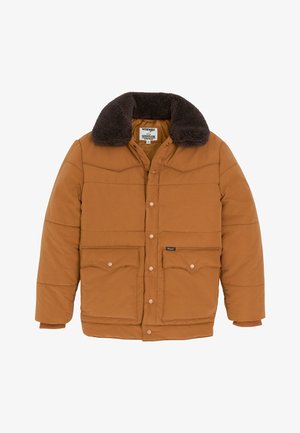 Braune wattierte Jacke mit dunklem Kunstpelzkragen, zwei Brusttaschen und Druckknopfverschlüssen. Verfügt über gerippte Bündchen und ein gerade geschnittenes Design.