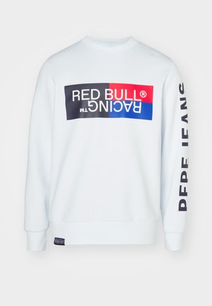Sudadera blanca con cuello redondo, que presenta un gran logo multicolor de Red Bull Racing en el frente y el texto "FANS" en la manga.