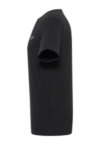 Czarny bawełniany t-shirt z krótkim rękawem. Posiada okrągły dekolt i prosty design. Brak wzorów lub widocznych akcentów.