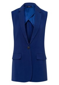 Blazer senza maniche blu navy con colletto a punte, chiusura con un bottone, due tasche frontali e fodera in raso morbido.