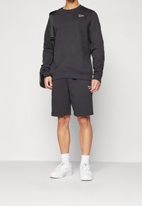 Tmavě šedá mikina a odpovídající šortky, obojí vyrobené z bavlněné směsi. Na hrudi a na šortkách je logo Reebok. Bílými teniskami je vzhled dokončen.