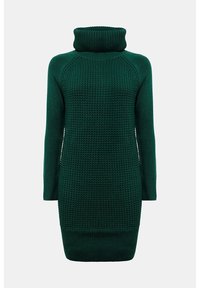 Robe pull en tricot vert avec col roulé haut, manches longues, poignets et ourlet côtelés, présentant un design texturé en tissage ouvert sur l'ensemble.