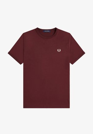 Solides burgunderrotes T-Shirt mit kurzen Ärmeln und Rundhalsausschnitt, mit kleinem weißem Lorbeerkranz-Logo auf der linken Brust.