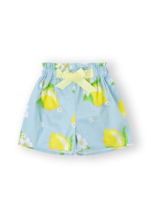 Pantalones cortos de color azul claro con un patrón de limones y flores, cinturilla elástica y un lazo amarillo en la parte frontal. Textura de tela suave.