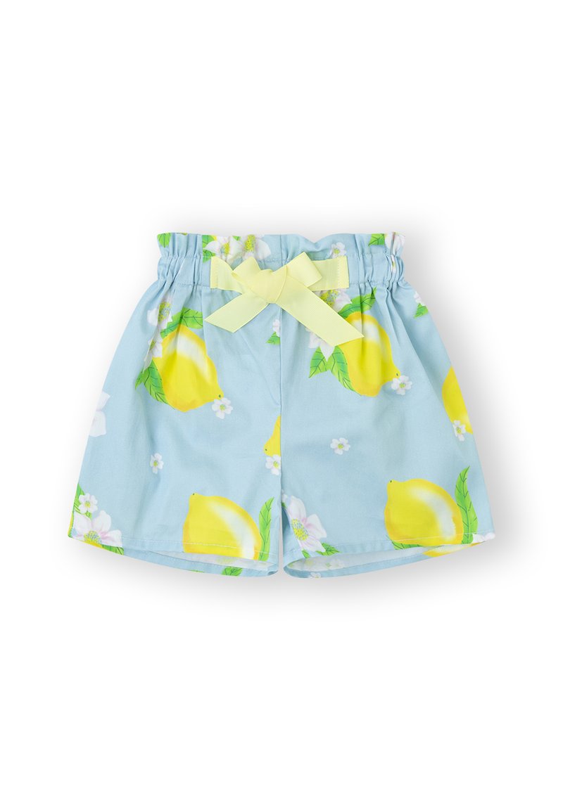 Pantalones cortos de color azul claro con un patrón de limones y flores, cinturilla elástica y un lazo amarillo en la parte frontal. Textura de tela suave.
