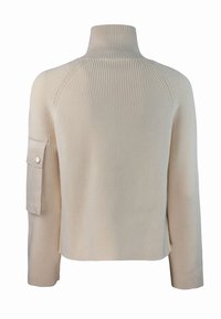 Pull côtelé beige avec un col montant, des manches longues et un détail de poche latérale. Tissu texturé et coupe ajustée. Vue arrière.