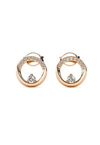 Orecchini a cerchio in oro rosa con design circolare, caratterizzati da una fila di pietre chiare e una gemma centrale. Finitura lucida per un effetto brillante.