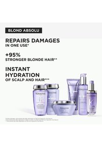 Sju lilla Kerastase hårpleieprodukter i ulike former, med stilrene design og sølvdetaljer, merket "Blond Absolu" for pleie av blondt hår.