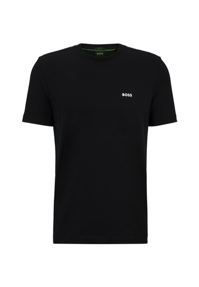 T-shirt noir en coton avec des manches courtes et un col rond. Présente un petit logo blanc "BOSS" sur la poitrine gauche. Texture lisse.