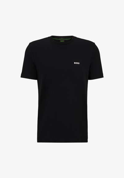 T-shirt noir en coton avec des manches courtes et un col rond. Présente un petit logo blanc "BOSS" sur la poitrine gauche. Texture lisse.