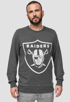 Grauer Sweatshirt mit einem großen weißen Raiders-Logo und einem Charakterdesign. Der strukturierten Stoff hat einen Rundhalsausschnitt und gerippte Bündchen.
