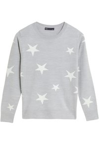 Pull gris clair à manches longues avec des motifs d'étoiles blanches dispersés sur le devant et les manches, doté d'un col rond.