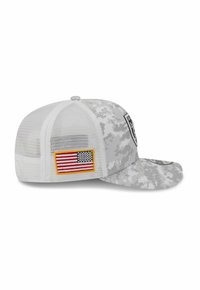 Gray camo baseball cap with white mesh back, featuring a patch with a flag design and a logo, structured brim, and textured fabric.