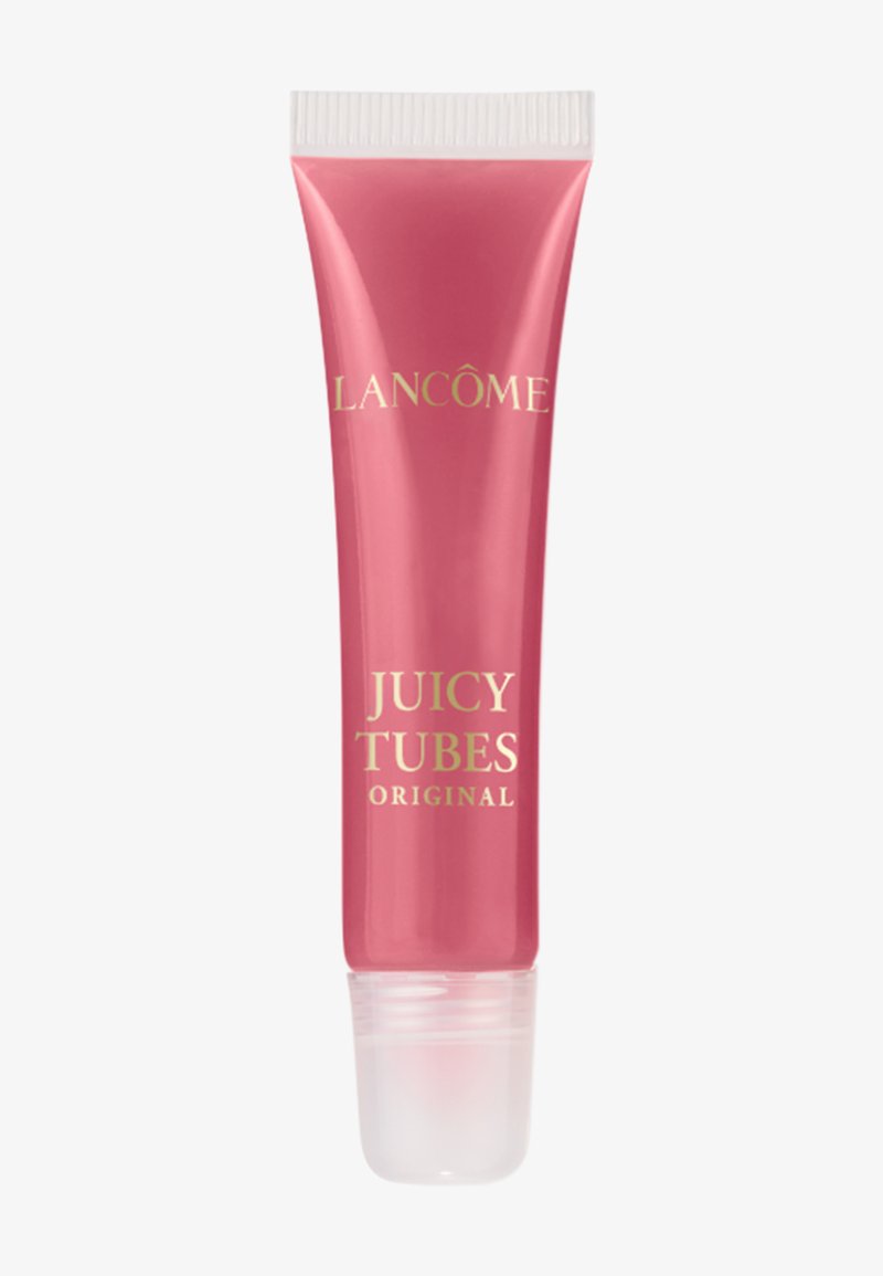 Roze Lancôme Juicy Tubes Original lipgloss tube met witte dop en gouden letters op een witte achtergrond.