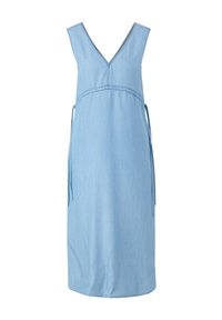 Jasnoniebieska sukienka bez rękawów z denimu. Posiada głęboki dekolt w kształcie litery V i wiązanie w talii. Prosta, prosta sylwetka bez ozdób.