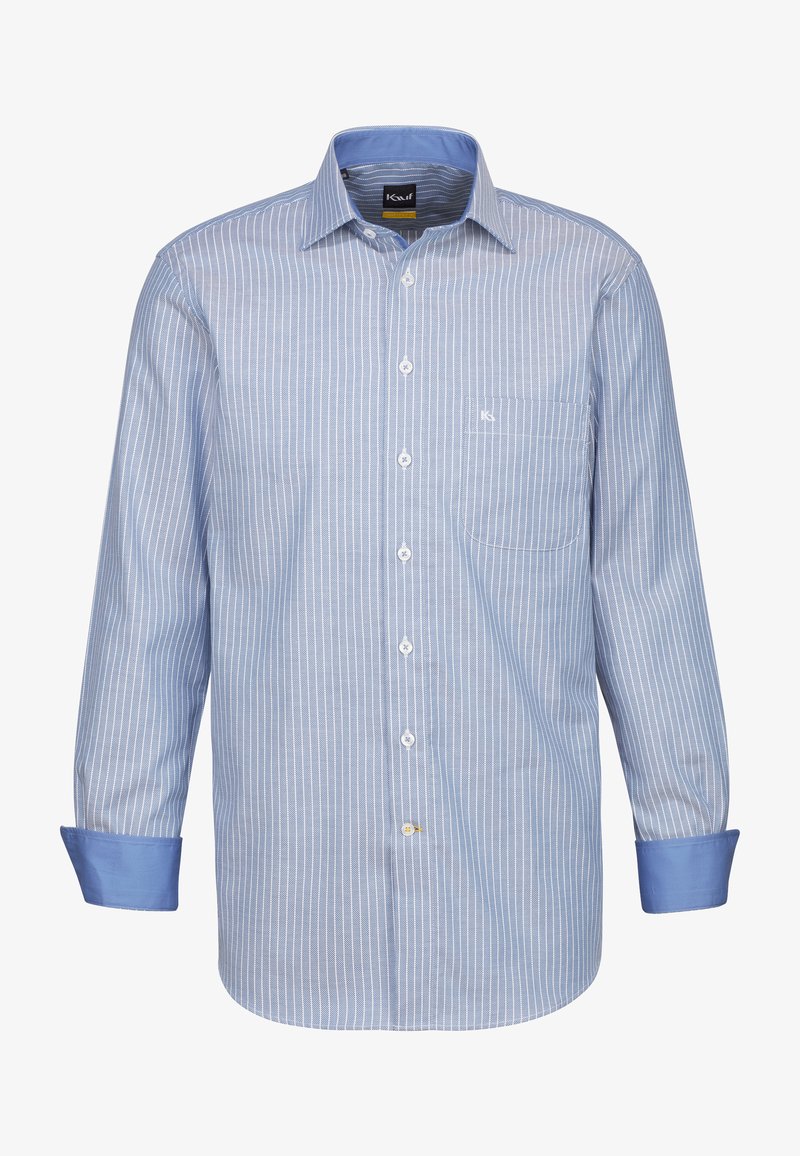 Camicia a maniche lunghe a righe blu e bianche con colletto button-down, taschino sul petto e polsini blu a contrasto. Materiale in cotone.