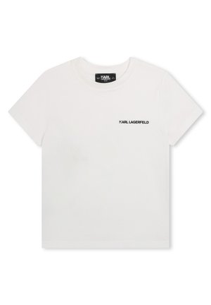 Hvid T-shirt med korte ærmer med sort "KARL LAGERFELD" logo på venstre bryst og en mærket label indeni kraven.