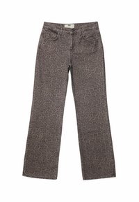 Džínové kalhoty s širokými nohavicemi v leopardím vzoru v šedých odstínech, vyrobené z denimové látky, s pěti kapsami a zapínáním na knoflík. Měkká textura, ležérní design.