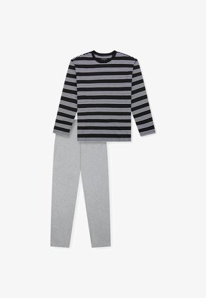 Long-sleeve black and white striped top with crew neckline, paired with light grey knit pants. Both made of soft, breathable fabric.