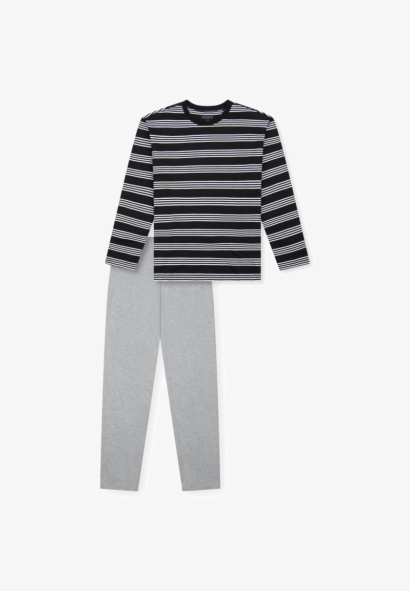 Langärmliges Oberteil mit schwarz-weißen Streifen und Rundhalsausschnitt, kombiniert mit hellgrauen Strickhosen. Beide bestehen aus weichem, atmungsaktivem Stoff.