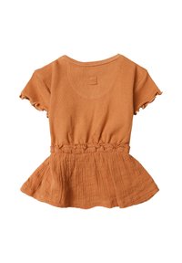 Terracotta Peplum-Top aus gerippter Textur, mit kurzen Rüschensleeves und einem elastischen Taillenbund für eine taillierte Passform.