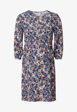 Maternity dress with long sleeves, gathered waist, and a floral pattern in blue, brown, and pink hues on a light background. Soft fabric texture.