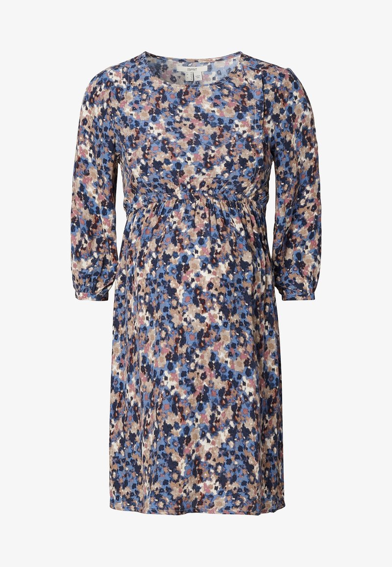 Robe de maternité à manches longues, taille froncée, avec un motif floral dans des tons de bleu, marron et rose sur un fond clair. Texture de tissu douce.