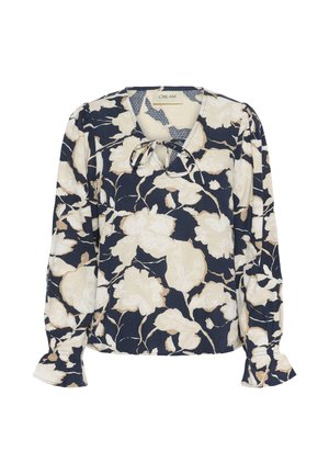 Marinebluse mit cremefarbenem Blumenmuster, ausgestattet mit einem V-Ausschnitt mit Bindeband, Puffärmeln und elastischen Bündchen, aus leichtem Stoff gefertigt.