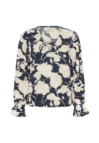 Tengerészkék blúz tejszínszínű virágmintával, V-nyakkivágással, amihez masni tartozik, puffos ujjakkal és gumírozott mandzsettával, könnyű anyagból készült.