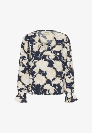 Marineblouse met een crèmekleurig bloemenpatroon, met een v-halslijn met een strik, pofmouwen en elastische manchetjes, gemaakt van lichtgewicht stof.
