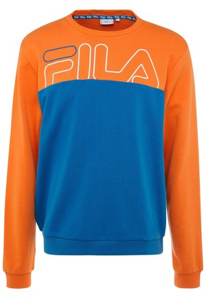 Sweat-shirt à col rond manches longues avec haut et manches orange, section inférieure bleue et grand logo FILA sur la poitrine.