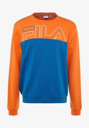 Langärmliges Sweatshirt mit Rundhalsausschnitt, orangefarbenem Oberteil und Ärmeln, blauem Unterteil und großem FILA-Logo auf der Brust.