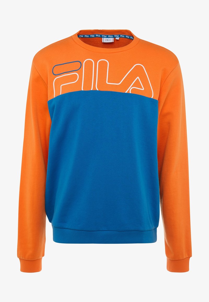Sweat-shirt à col rond manches longues avec haut et manches orange, section inférieure bleue et grand logo FILA sur la poitrine.