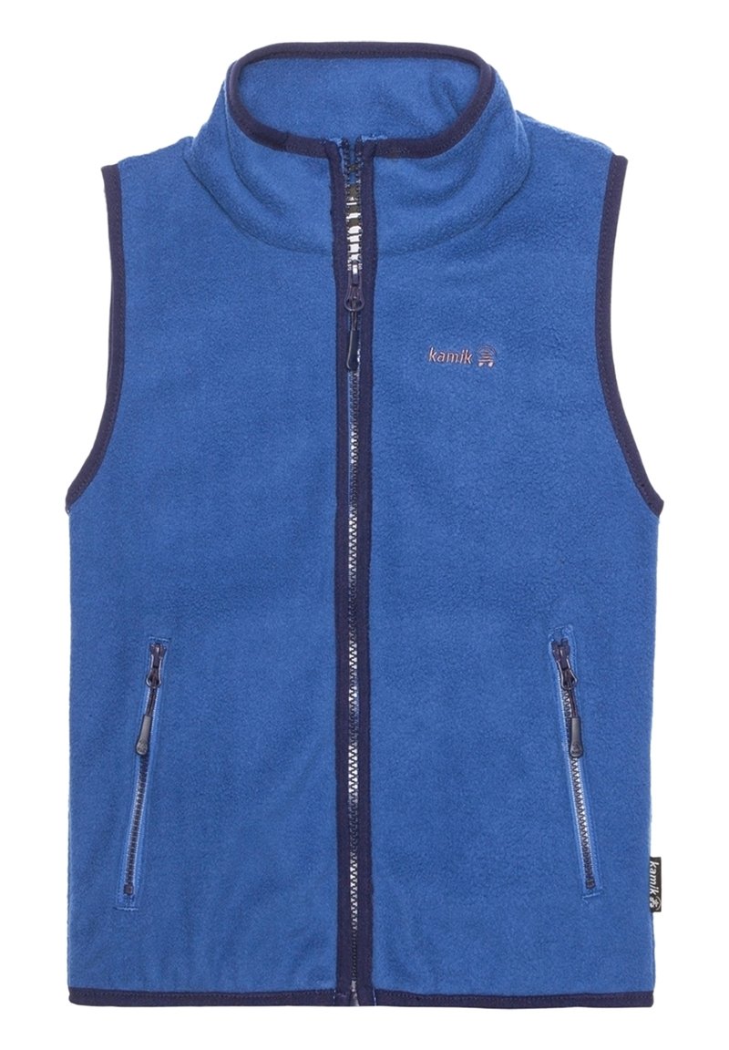 Blue fleece vest with a high collar, front zip closure, and two zip pockets. Contrasting dark trim along the edges. Kamik logo on chest.