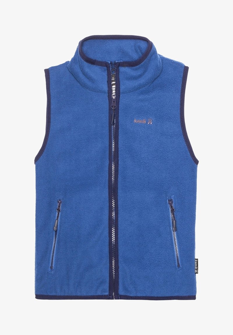 Gilet in pile blu con colletto alto, chiusura frontale con zip e due tasche con zip. Bordo scuro a contrasto lungo i lati. Logo Kamik sul petto.