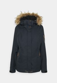 Mörkblå jacka med en foder av päls vid huvan, dragkedjefickor och bruna detaljer. Har en dragsko i midjan och en slät yta.