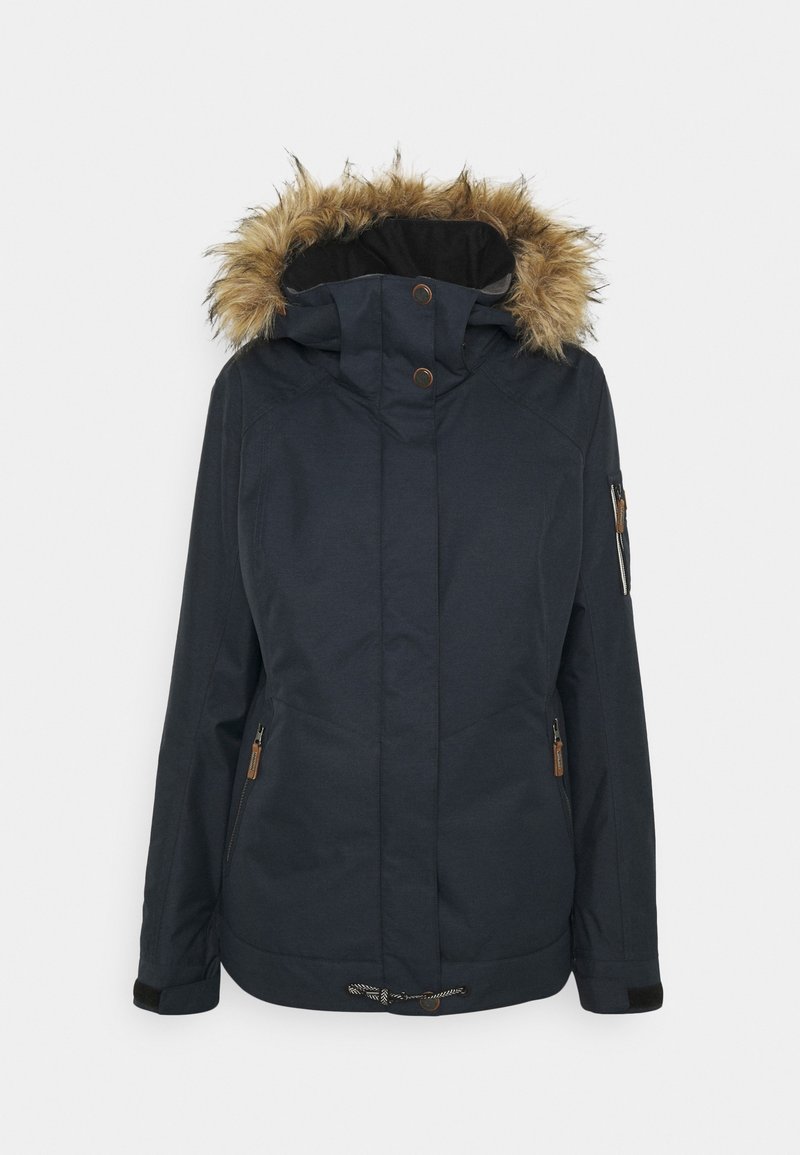 Mörkblå jacka med en foder av päls vid huvan, dragkedjefickor och bruna detaljer. Har en dragsko i midjan och en slät yta.