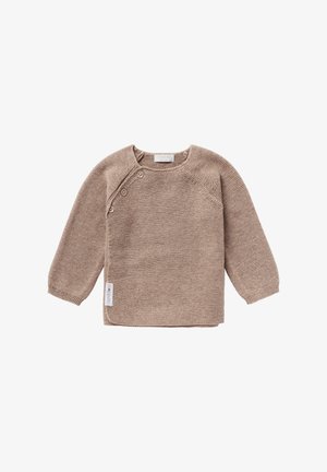 Pull en laine marron pour bébé, à manches longues, avec trois boutons disposés en diagonale près de l'encolure, et une petite étiquette en tissu sur le côté.