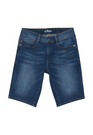 Dunkelblaue Denim-Shorts mit verblassten Akzenten. Verfügt über fünf Taschen, einen Reißverschluss und ein Logo-Patch am Taillenbund. Keine Verzierungen.