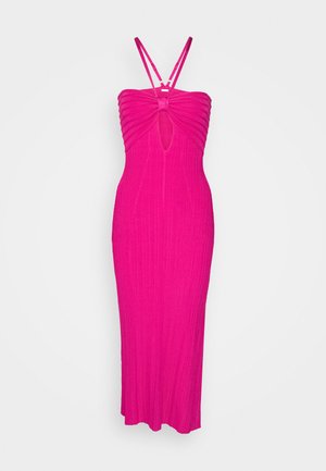 Φωτεινό ροζ μάξι φόρεμα με ραβδωτή υφή, με λαιμόκοψη χορεύτριας, άνοιγμα κλειδώματος κάτω από το στήθος και εφαρμοστή σιλουέτα.