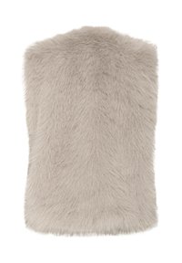 Faux karusnahast vest heledas hallis. Omab pehmet, pikka karvaga tekstuuri ümmarguse kaelusega ja ilma nähtavate kinnitusteta. Servad on puhtad ja viimistletud.