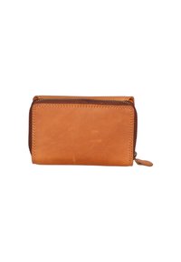 Portafoglio zip in pelle marrone chiaro con una consistenza liscia, forma rettangolare e chiusura con zip marrone. Presenta cuciture minime e una linguetta a pendente.