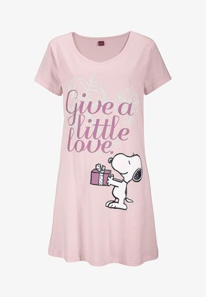 Pink cotton nightdress featuring a round neckline, short sleeves, and a print of Snoopy holding a gift with text: "Give a little love."