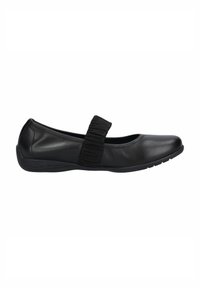 Ballerines noires avec un dessus en cuir lisse, une sangle élastique et un bout rond ; conçues avec une semelle basse et flexible pour plus de confort.